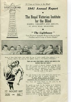 Front page of report to subscribers including pictures of babies and toddlers and illustration of RVIB lighthouse