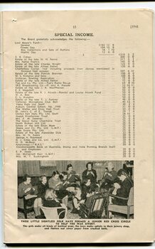 Special Income received and picture of girls knitting as part of Junior Red Cross Circle