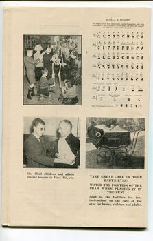 Pictures of a boy feeling a slinged arm, school children touching a skeleton, the Braille alphabet and a baby in a pram outside