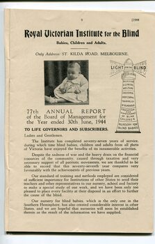 Front page of report to subscribers including picture of a baby and illustration of RVIB lighthouse