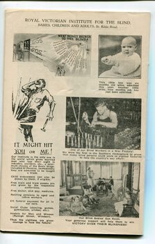 Illustration of man being hit in the eye, pictures of a baby, a worker in an ammunition factory and babies in the sun room