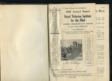 Front page of report to subscribers including picture of girls in the giant rocking boat and illustration of RVIB lighthouse
