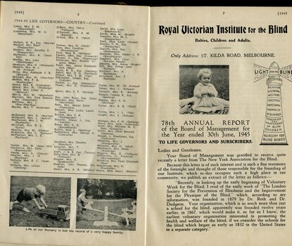 List of Life Governors awarded during the year and Front page of report to subscribers including pictures of a baby and children playing