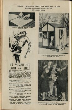 Illustration of man being hit in the eye, pictures of children touching a stuffed kangaroo at the Museum, a cubby house and a person reading Braille