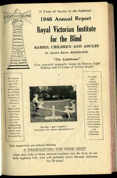 Front page of report to subscribers including picture of two children on a seesaw and illustration of RVIB lighthouse