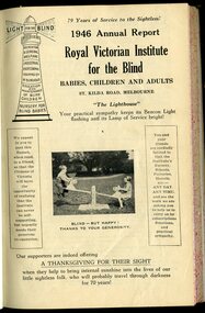 Front page of report to subscribers including picture of two children on a seesaw and illustration of RVIB lighthouse