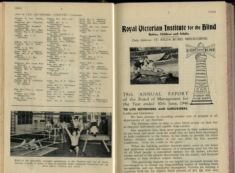 List of Life Governors awarded during the year, pictures of men training in gym and boys in a go cart, and Board of Management report to Life Governors and subscribers
