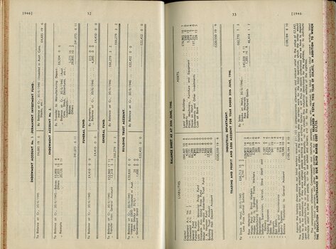 Balance sheet for Endowment, Funeral, General Fund and Building Trust account and Industrial department profit and loss 