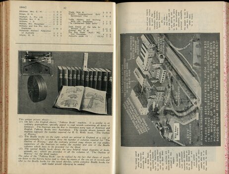 List of Public Subscribers with amounts tendered, pictures of a talking book machine, Braille volumes, and birds eye view of St Kilda road