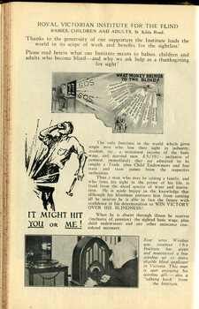 Illustration of man being hit in the eye and a hand donating money towards a blinded man sending an SOS signal, and photo of man using a wireless and phonograph