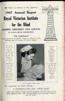 Front page of report to subscribers including picture of nurse holding a baby and illustration of RVIB lighthouse
