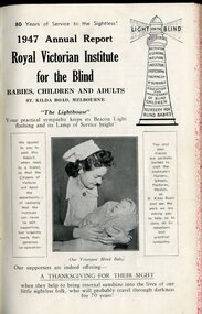Front page of report to subscribers including picture of nurse holding a baby and illustration of RVIB lighthouse