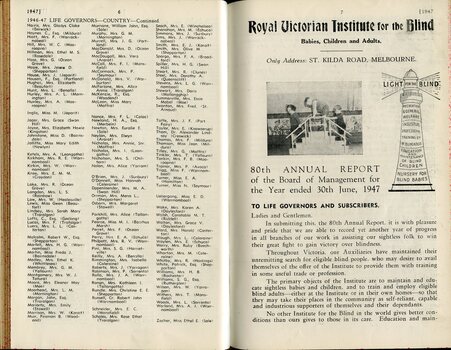 List of Life Governors awarded during the year and Front page of report to subscribers including picture of children playing and illustration of RVIB lighthouse