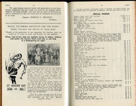 Board of Management report to Life Governors and subscribers, illustration of man being hit in the eye, picture of two women walking with children and Special Income received 