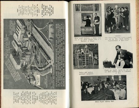 Birds eye view of St Kilda Road grounds, students in the dining hall, touching a skeleton, learning typing and playing the organ and climbing