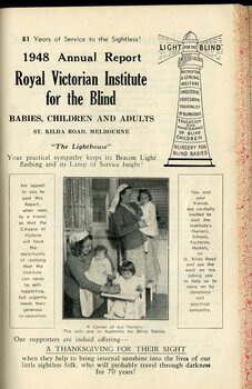 Front page of report to subscribers including pictures of nurses with 3 children and illustration of RVIB lighthouse