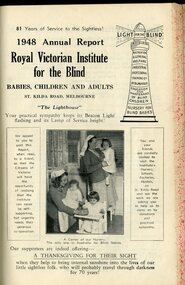 Front page of report to subscribers including pictures of nurses with 3 children and illustration of RVIB lighthouse