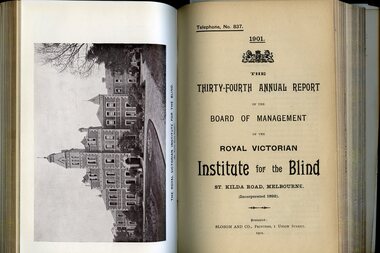 Photograph of St Kilda Road Building and front page of annual report for the RVIB