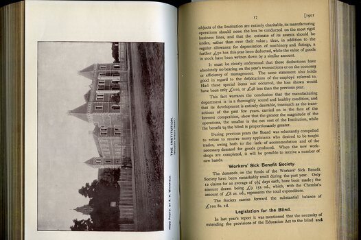 Photograph of the St Kilda Road building and Board of Management report to Life Governors and subscribers