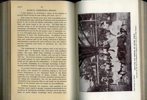 Report of the Musical Director to the Board of Management and photograph of girls sitting outside knitting and sewing