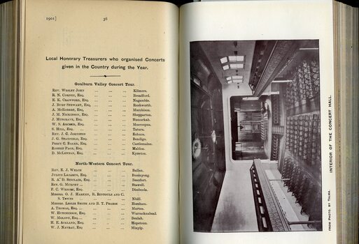 Local honourary treasurers who organised rural concerts and photograph of the interior of Ormond Hall 
