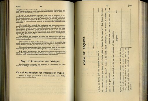 General information relating to the instruction of blind pupils and admission and Form of Bequest