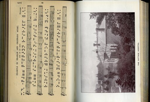 Example of printed and brailed musical score and photograph of Cottage hospital