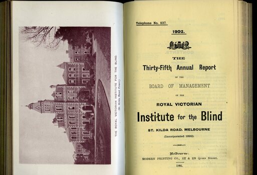 Photograph of St Kilda Road Building and front page of annual report for the RVIB