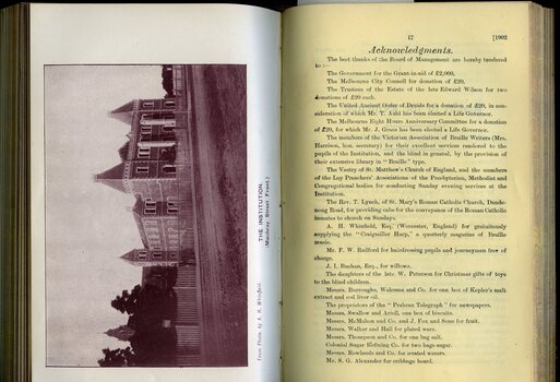 Photograph of St Kilda Road building from Mowbray St and Acknowledgements to individual contributors