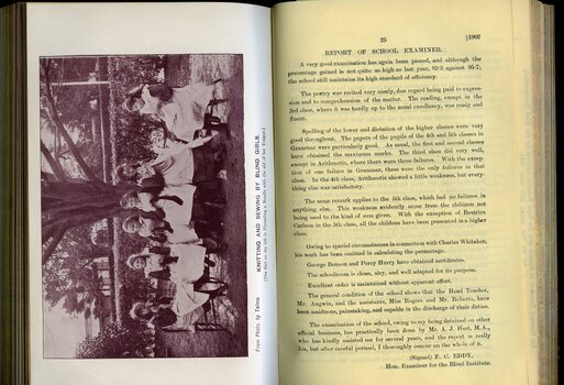 Photograph of girls knitting or sewing in the garden and School Examiner's Report