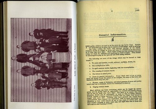 Photograph of boys standing next to a wall and General information relating to the instruction of blind pupils and admission