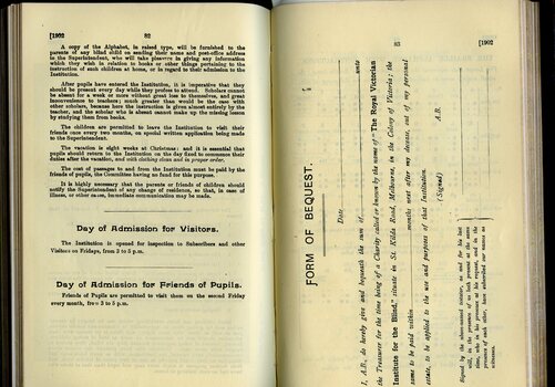 General information relating to the instruction of blind pupils and admission and Form of Bequest