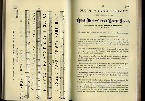 Example of printed and brailed musical score and Annual report of the Blind Workers' Sick Benefit Society