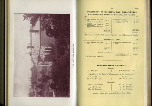 Photograph of Cottage Hospital and Annual report of the Blind Workers' Sick Benefit Society