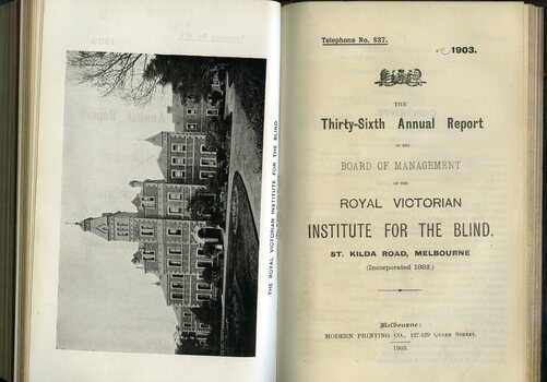 Photograph of St Kilda Road Building and front page of annual report for the RVIB