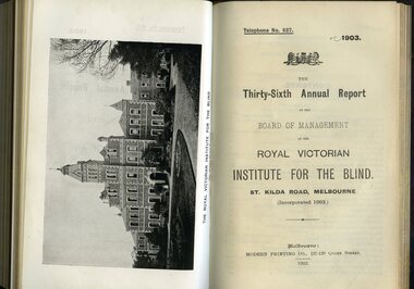Photograph of St Kilda Road Building and front page of annual report for the RVIB