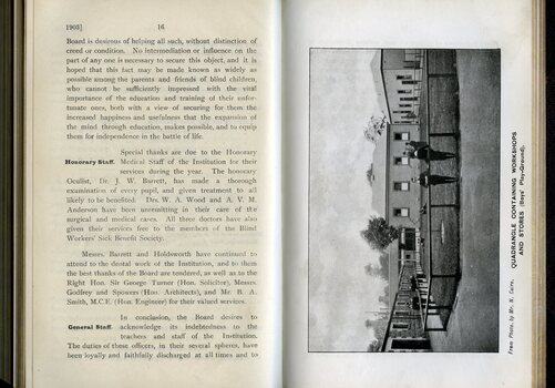 Board of Management report to Life Governors and subscribers and photograph of Boys playground surrounded by buildings