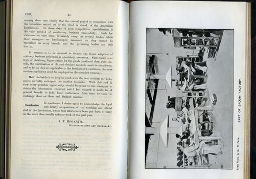 Report of the Principal to the Board of Management and photograph of men working in the broom factory