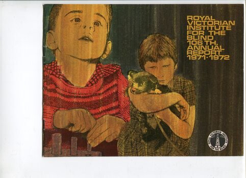Colourised drawing of a young boy placing a peg in a board and a yellow boy cuddling a puppy