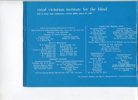 List of Main Office Bearers, including consulting medical staff and Patrons