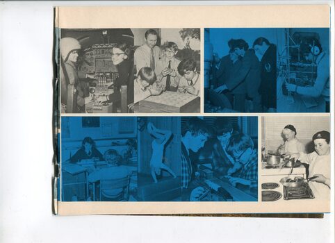 Pictures of students learning, in an aircraft cockpit, tumbling and as girl guides cooking