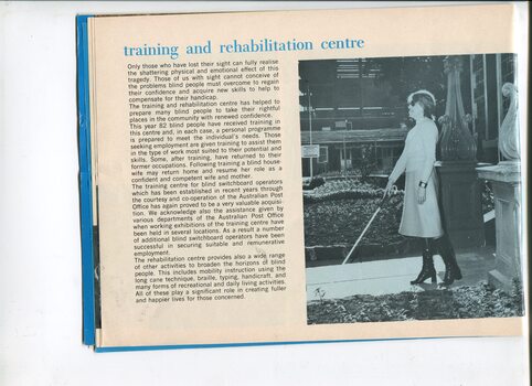 Update on training and rehabilitation centre and picture of woman walking with a cane