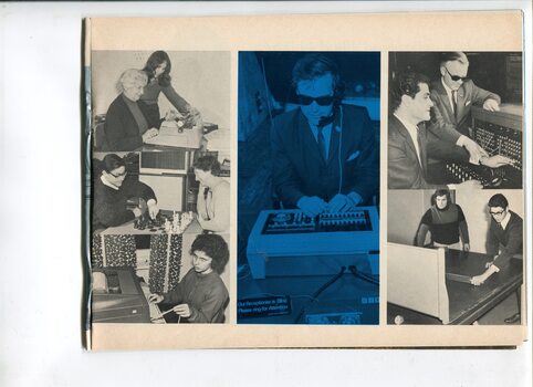 Pictures of people learning to type and operate a switchboard, playing chess and swish, and transcribing from a dictaphone.