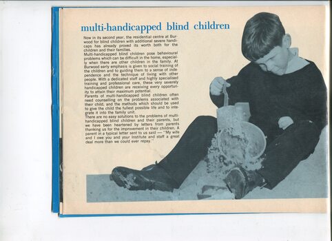 Update on services to children who are blind and have other disabilities and picture of a boy playing in a sand pit