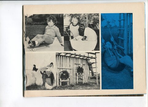 Pictures of children playing on a skateboard, playground equipment and with a pram