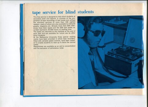 Update on tape services for blind students and picture of a man listening to a spool to spool tape player
