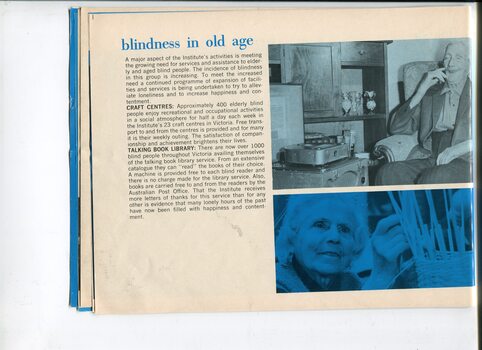 Services provided for people who have blindness in old age and pictures of an elderly man listening to a cartridge player and a woman weaving