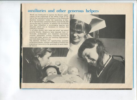 Acknowledgement of Auxiliaries and picture of two schoolgirls nursing dolls whilst a nurse looks on