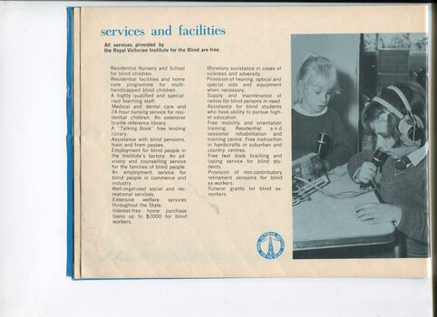 List of services and facilities and picture of two girls holding microphones attached to recording equipment