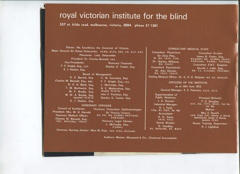 List of Main Office Bearers, including consulting medical staff and Patrons
